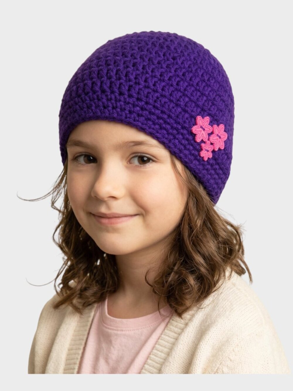 Hand Knit Crochet Girls Hat Beanie Purple with Pink Flower Buttons